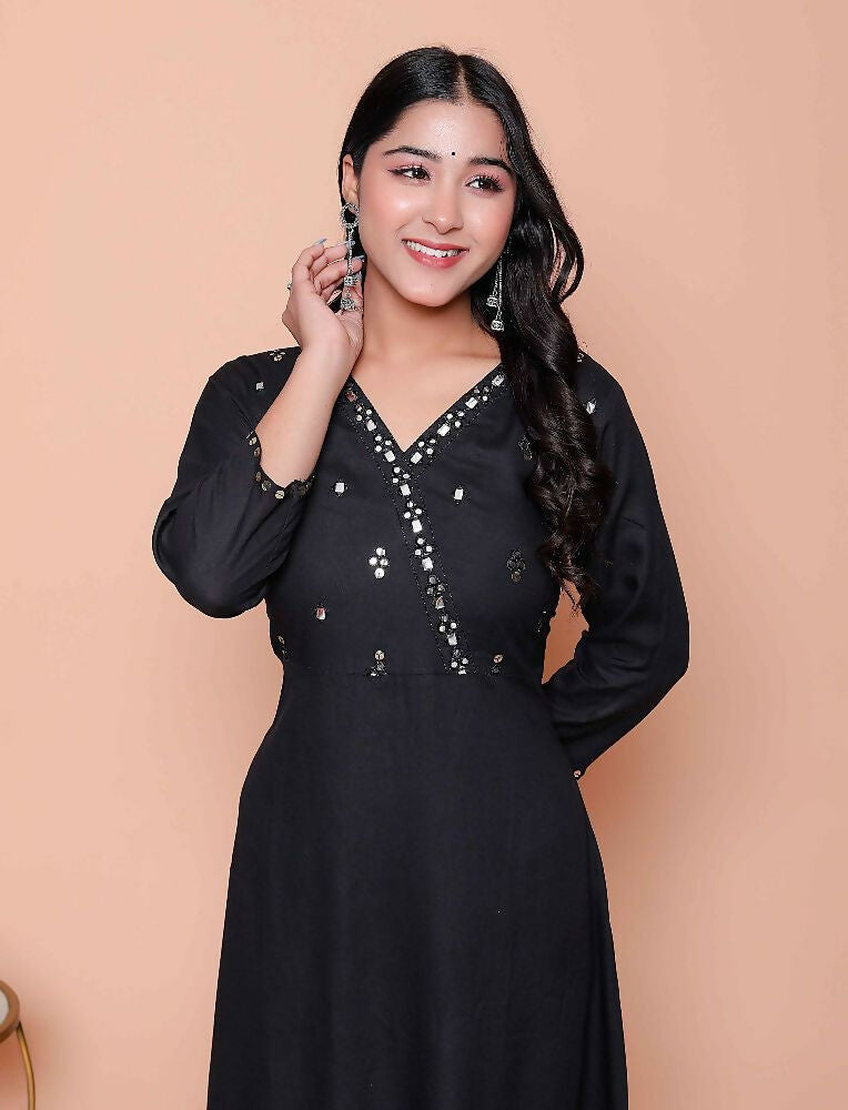 Miravan Womens Black Mirror Work Angrakha Kurta And Palazzo Set