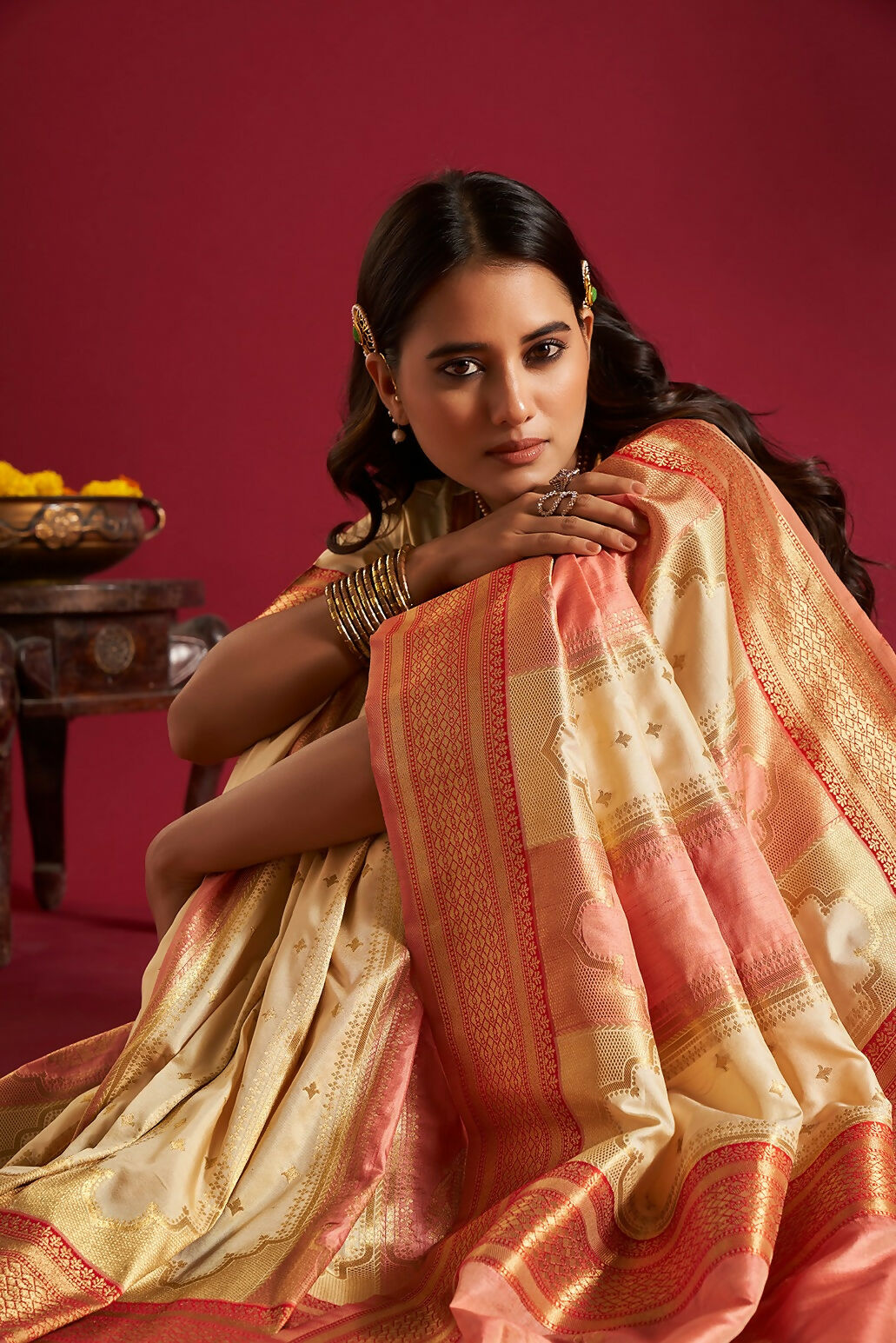 Joban Fashion Cream & Pink Plain With Weaving Border Banarasi Silk Sarees