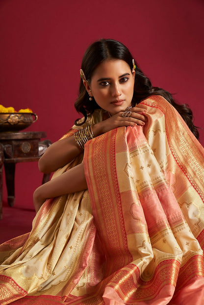 Joban Fashion Cream & Pink Plain With Weaving Border Banarasi Silk Sarees