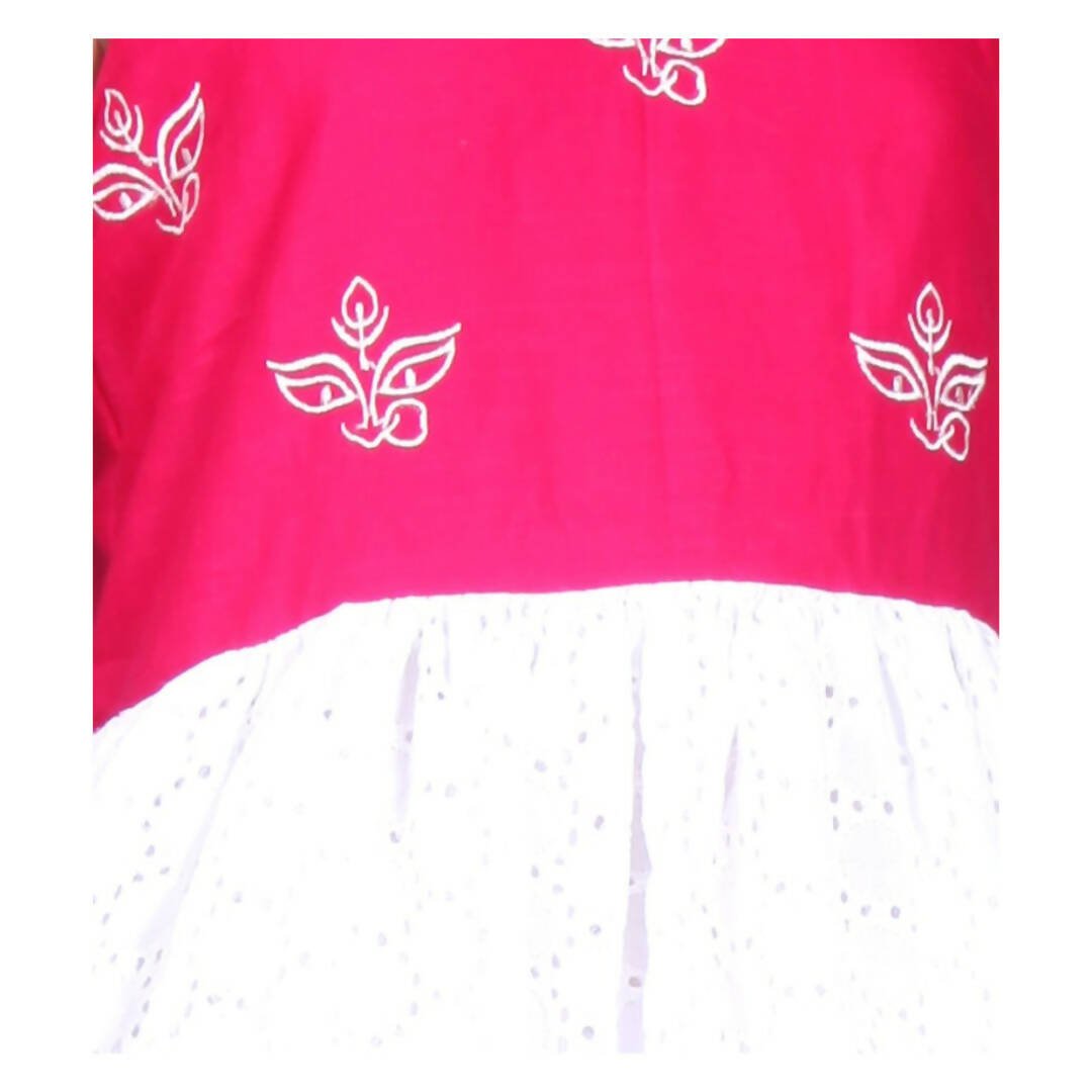 Akarshan Pure Cotton Frock Style Kurti With Leggings Set - Pink And White