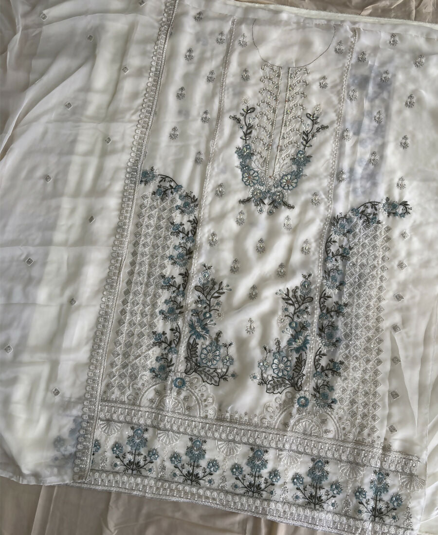 KC Heavy Chiffon Silk White Hand Embroidered Straight Suit For Women Wedding