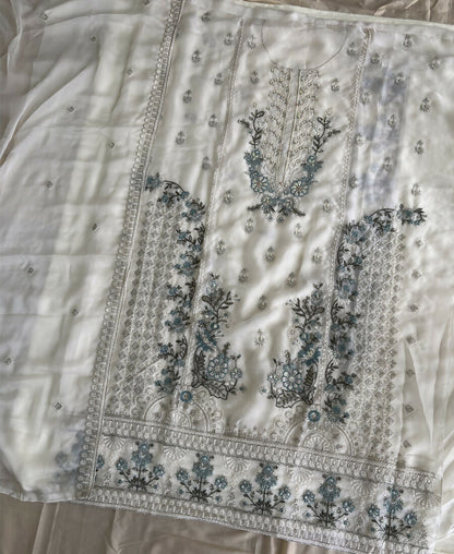 KC Heavy Chiffon Silk White Hand Embroidered Straight Suit For Women Wedding