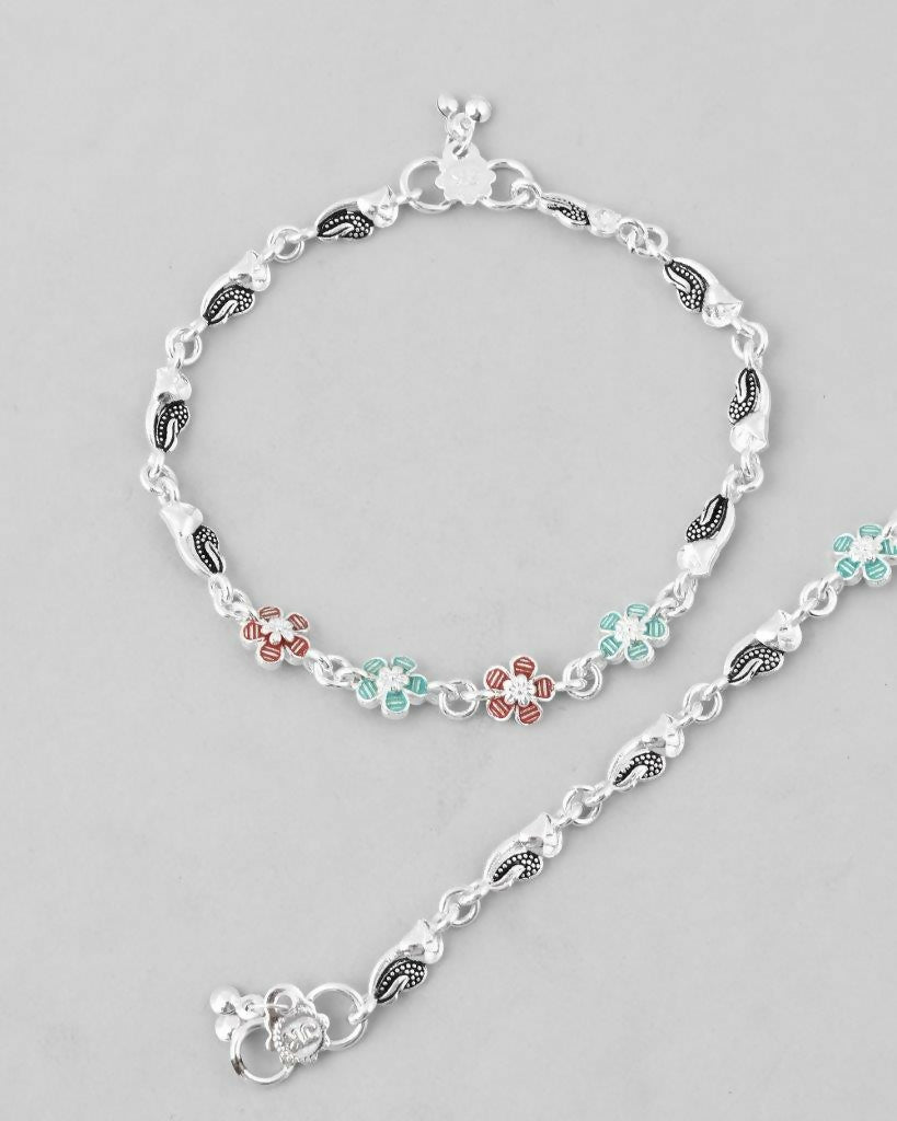 VOJ Set of 2 Stone Studded Mutli Color Flower Shaped Anklet