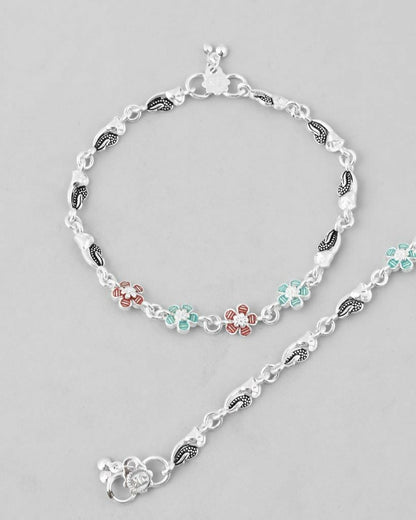 VOJ Set of 2 Stone Studded Mutli Color Flower Shaped Anklet