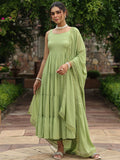 Anayna Women Round Neck Tiered Anarkali Kurta & Trousers With Dupatta