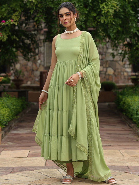 Anayna Women Round Neck Tiered Anarkali Kurta & Trousers With Dupatta