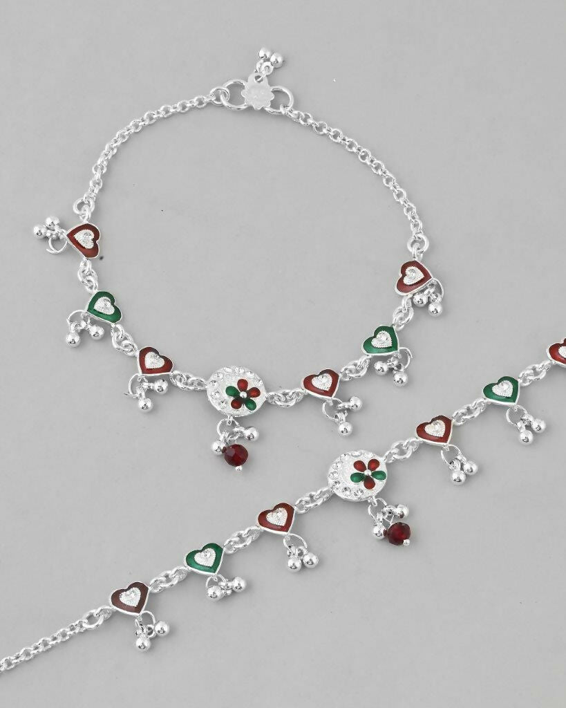 VOJ Set of 2 Stone Studded Heart Shaped Traditional Anklet