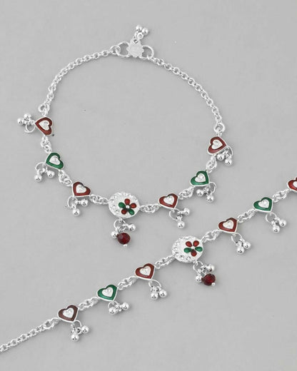 VOJ Set of 2 Stone Studded Heart Shaped Traditional Anklet