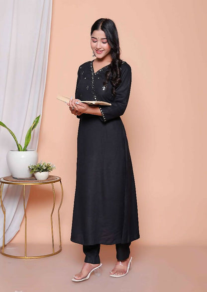 Miravan Womens Black Mirror Work Angrakha Kurta And Palazzo Set