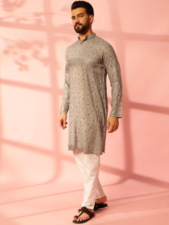 Anouk Geometric Embroidered Mirror Work Cotton Straight Kurta