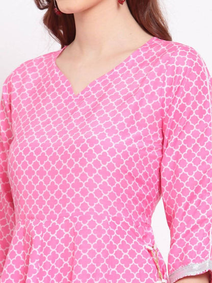 Indian Clothing Myshka Women's Pink Printed Cotton Blend 3/4 Sleeve V Neck Casual Anarkali Kurta Dupatta Set