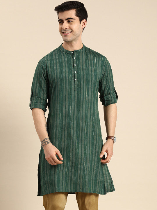 Anouk Men Green & Gold-Toned Striped Mandarin-Collar Kurta