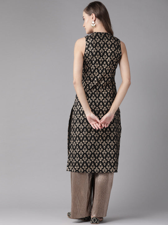 Anayna Women Black & Golden Printed Straight Kurta