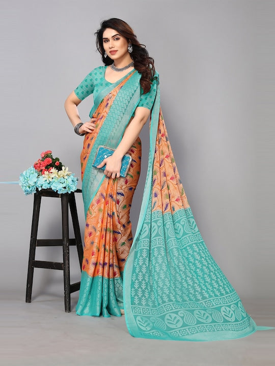 Fabmora Printed Zari Pure Chiffon Brasso Saree