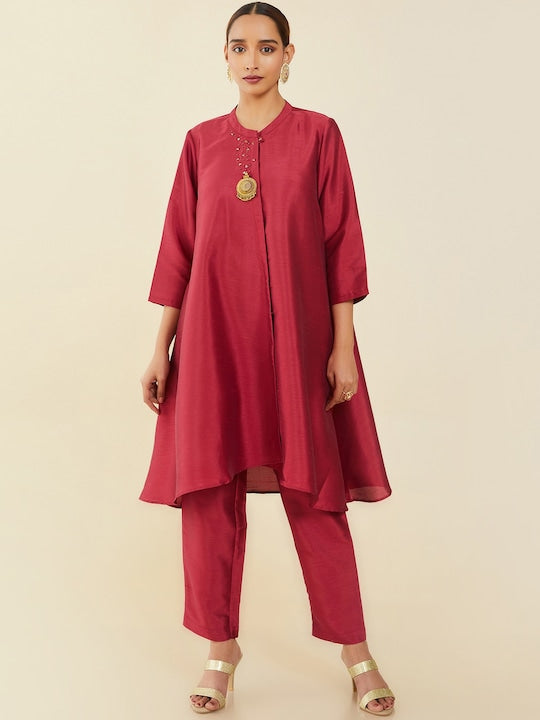 Soch Women Maroon Embellished A Line Kurta with Trousers
