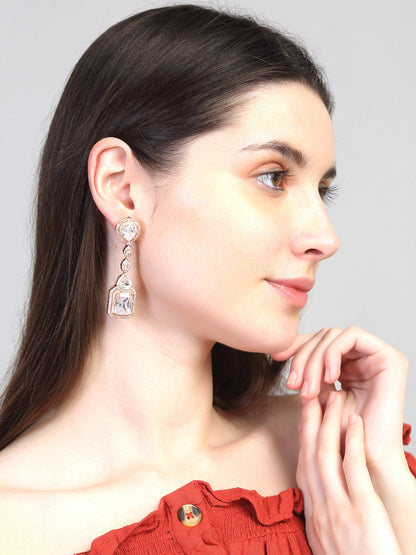 Yellow Chimes Rhodium-Plated Rose-Gold White AD-Studded Drop Earrings