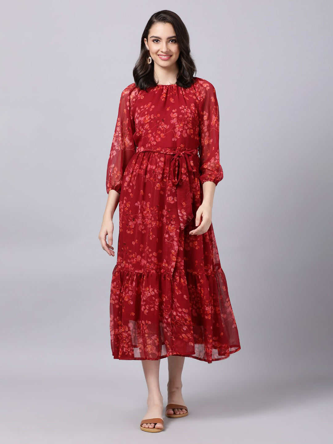 Souchii Maroon Floral Layered Chiffon A-Line Midi Dress