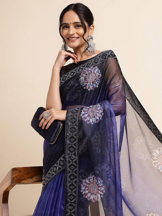 Fabmora Satin Ethnic Motifs Embellished Embroidered Lycra Designer Saree