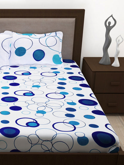 Story@home White & Blue Geometric 186 TC Cotton 1 Queen Bedsheet with 2 Pillow Covers