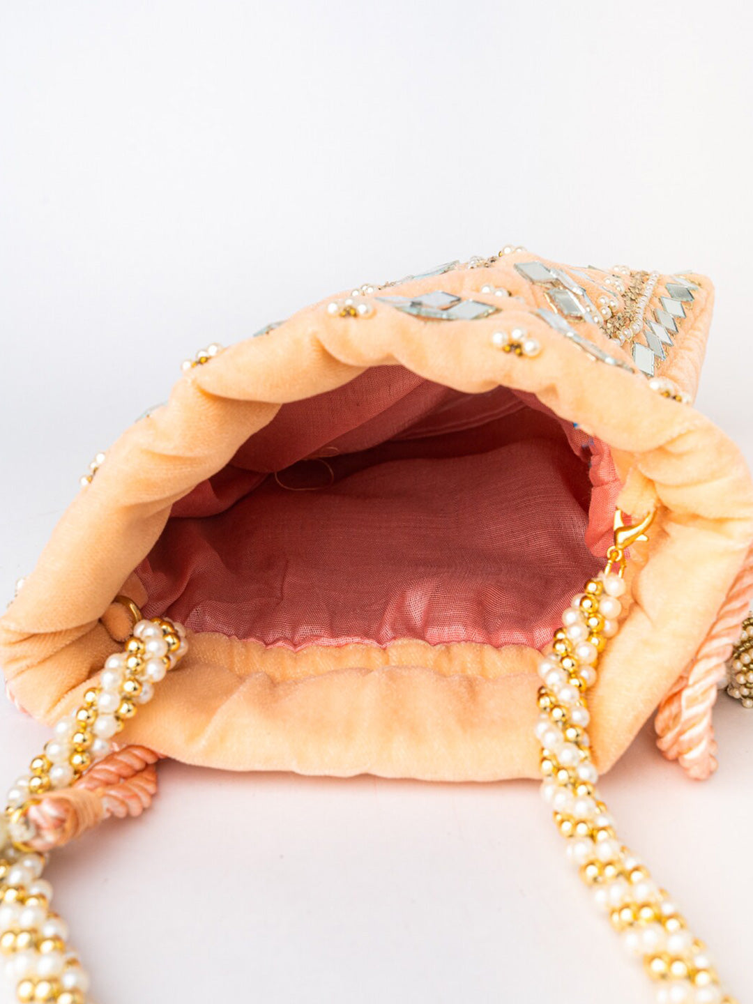 NR By Nidhi Rathi Peach-Coloured & White Embroidered Potli Clutch