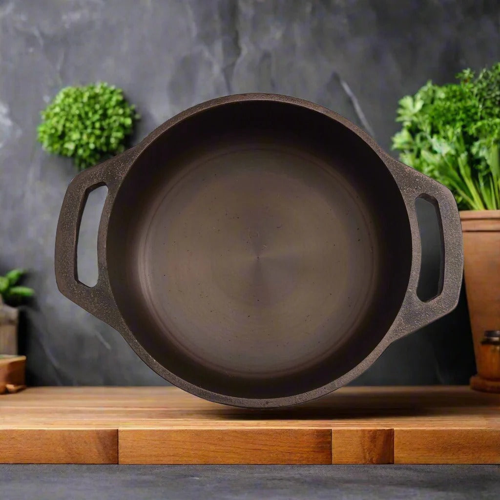 Zishta Handcrafted Cast Iron Flat Bottom Pan Kadai Pre-Seasoned Induction Friendly
