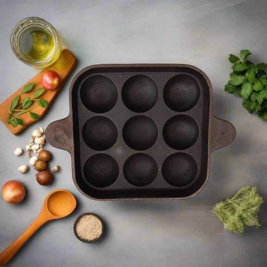 Zishta Cast Iron Square Paniyaram Pan 9 Pits Induction Friendly