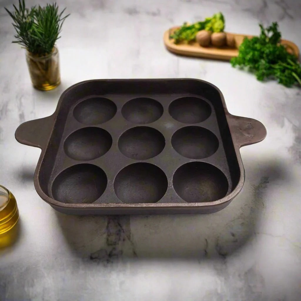 Zishta Cast Iron Square Paniyaram Pan 9 Pits Induction Friendly
