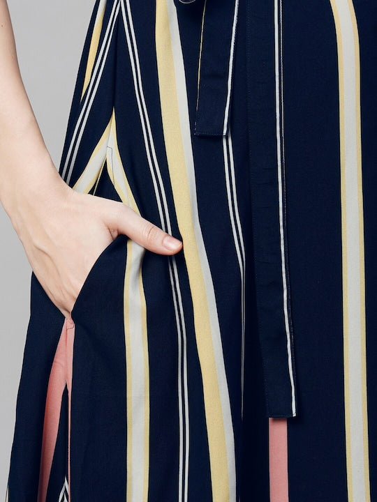 MomToBe Striped V-Neck Maternity Midi A-Line Dress With Belt