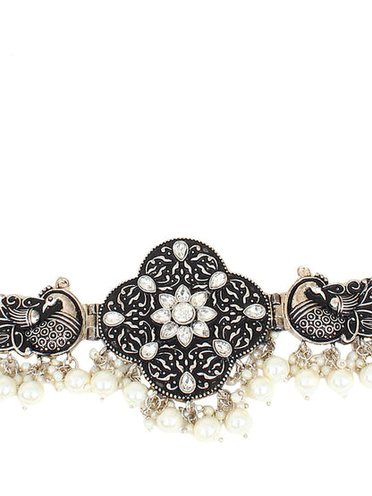 Cardinal Silver-Toned Black Colored Oxidized Choker Jewellery Set