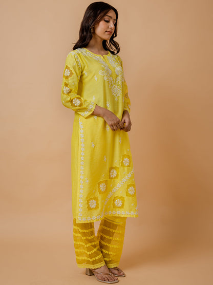 HOUSE OF KARI Ethnic Motifs Embroidered Round Neck Chikankari Chanderi Silk Kurta