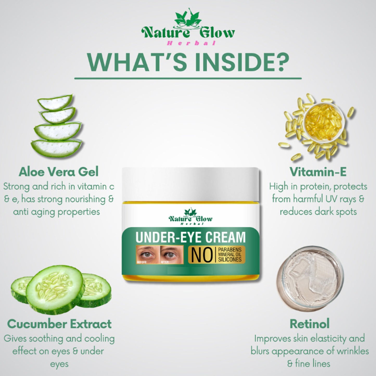 Nature Glow Herbal Under Eye Cream & Caffiene Roll On Combo