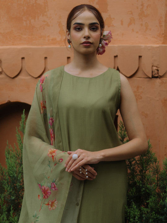 Anayna Round Neck Regular Silk A-Line Kurta with Trousers & Dupatta
