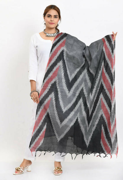 Mominos Fashion Moeza Women's Handloom Cotton Ikkat Maroon/Black Dupatta