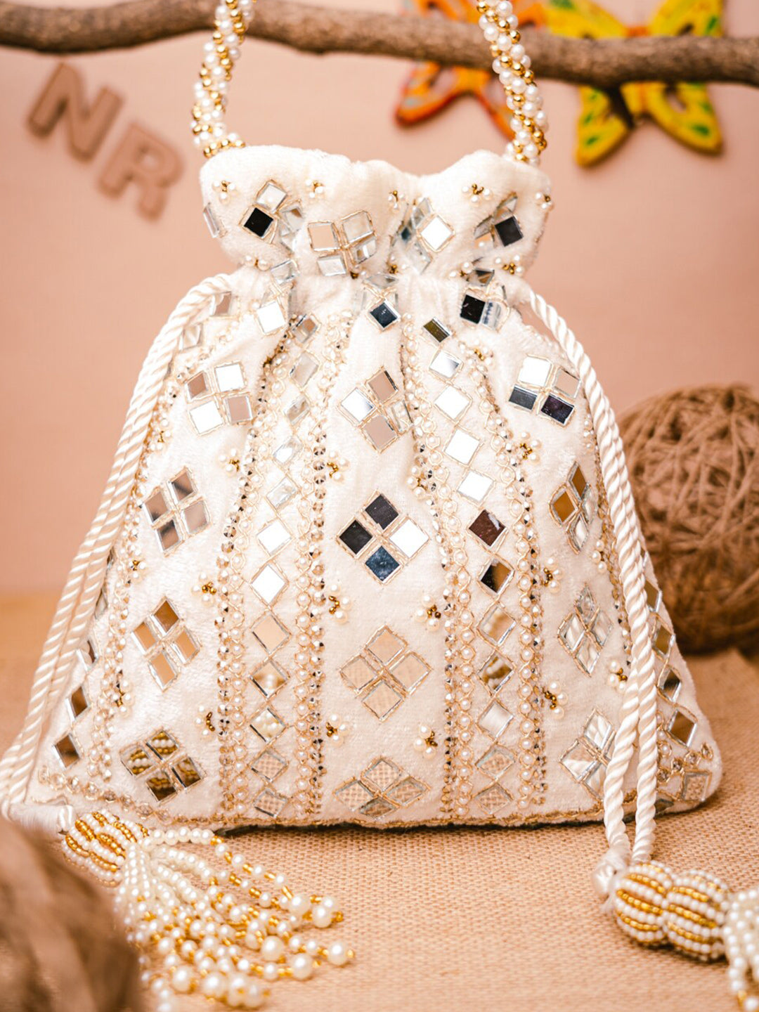 NR By Nidhi Rathi White Mirror Work Embroidered Potli Clutch