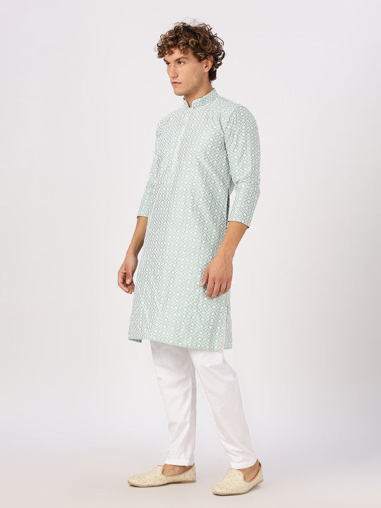 Anouk Geometric Printed Mandarin Collar Straight Cotton White and Blue Printed Kurta