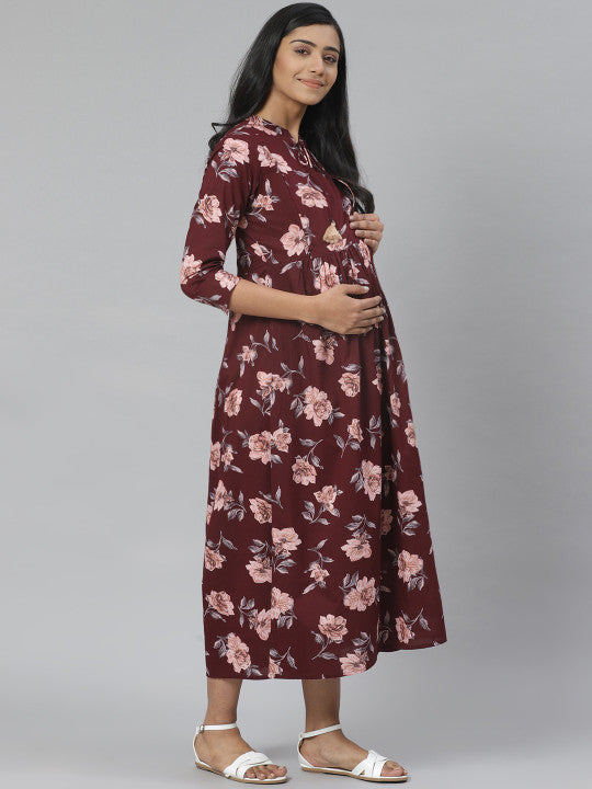 Anayna Women Burgundy & Pink Floral Printed Pure Cotton Maternity A-Line Dress