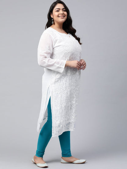 ADA Women Plus Size White Ethnic Motifs Chikankari Embroidered Georgette Handloom Kurta With Slip