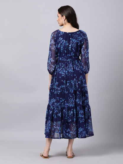 Souchii Navy Blue Floral Layered Chiffon A-Line Midi Dress