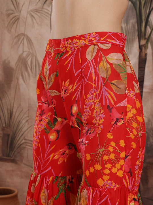 Sangria Women Floral Printed Pleated Kurta with Sharara & With Dupatta