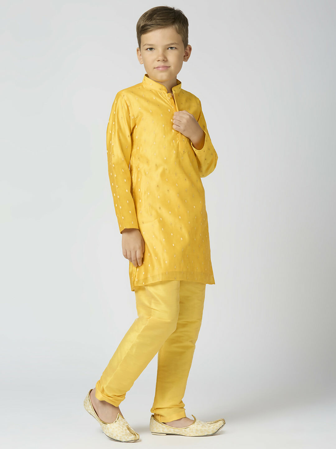 Joban Fashion Kids Island Full Sleeves Chanderi Kurta, Pyjama Set with Traditional Butta Work - Yellow