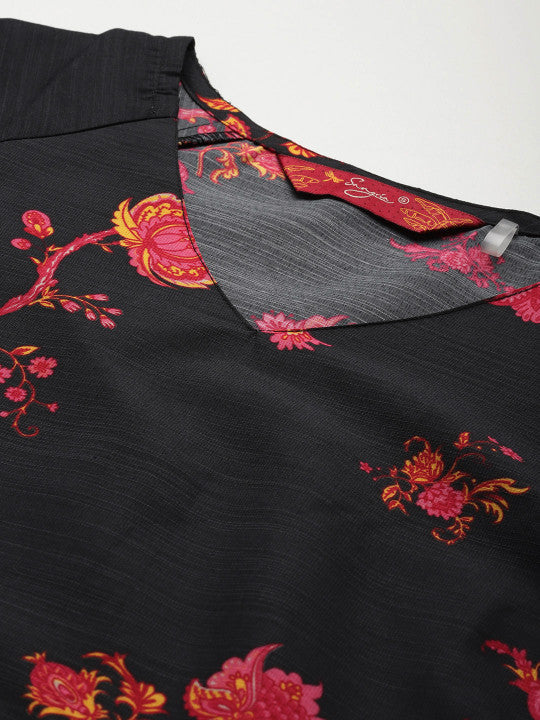 Sangria Puff Sleeves Floral Printed Kurta