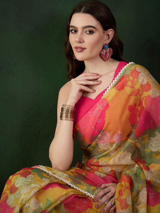 Sangria Floral Printed Saree With Blouse Piece