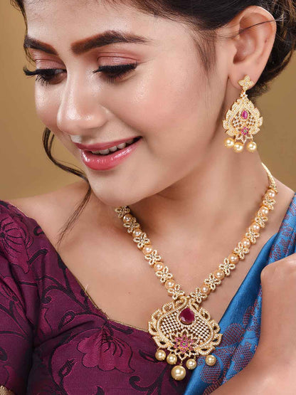 Saraf RS Jewellery Gold-Polished White & Pink American Diamond Studded & Beaded Handcrafted Jewellery Set