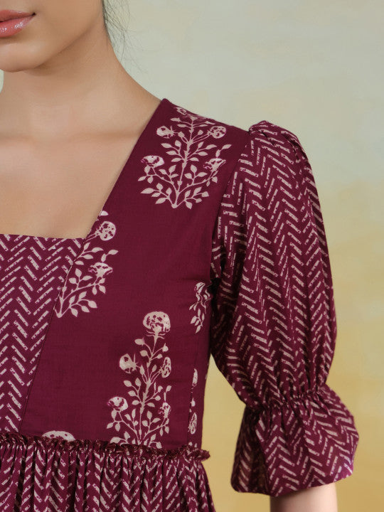 Anayna Floral Printed Tiered Square Neck Pure Cotton Anarkali Kurta With Trousers