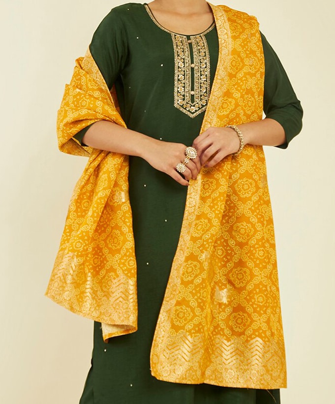 Soch Green Embroidered Zari Kurta with Trousers & Dupatta