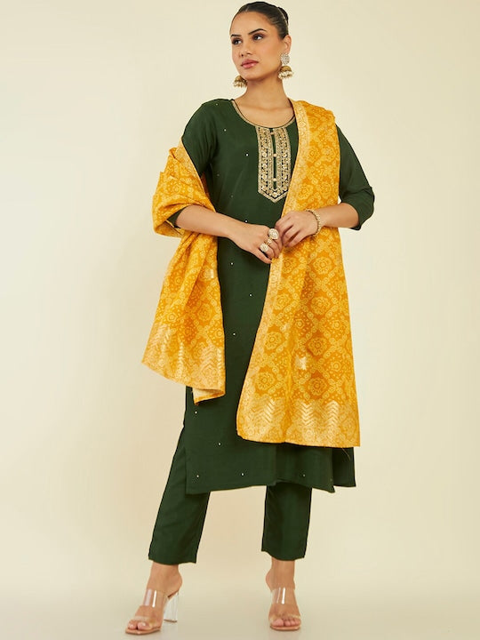 Soch Green Embroidered Zari Kurta with Trousers & Dupatta