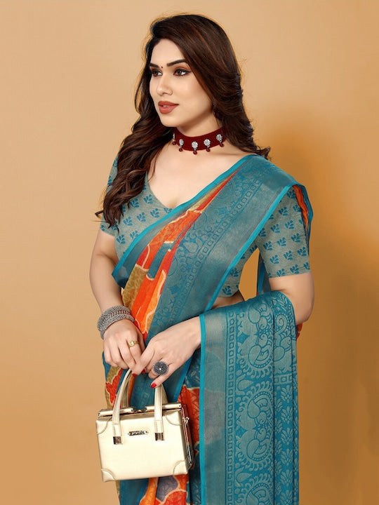 Fabmora Abstract Printed Zari Poly Chiffon Saree