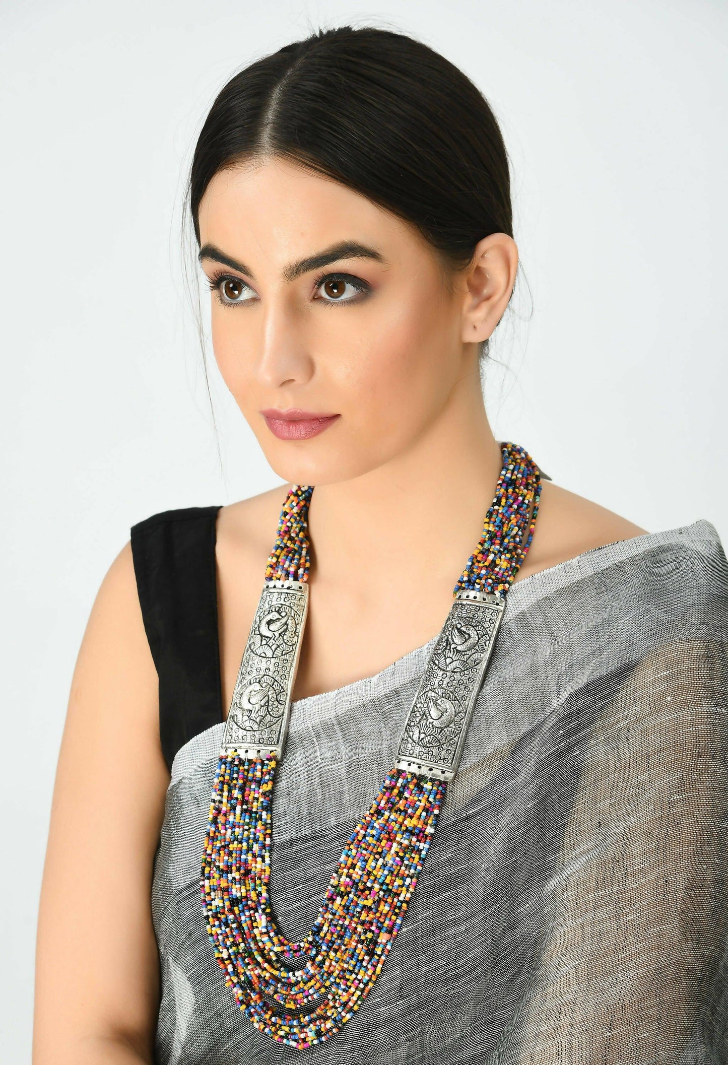 Mominos Fashion Johar Kamal Oxidised Multi Beads Long Statement Necklace For Women