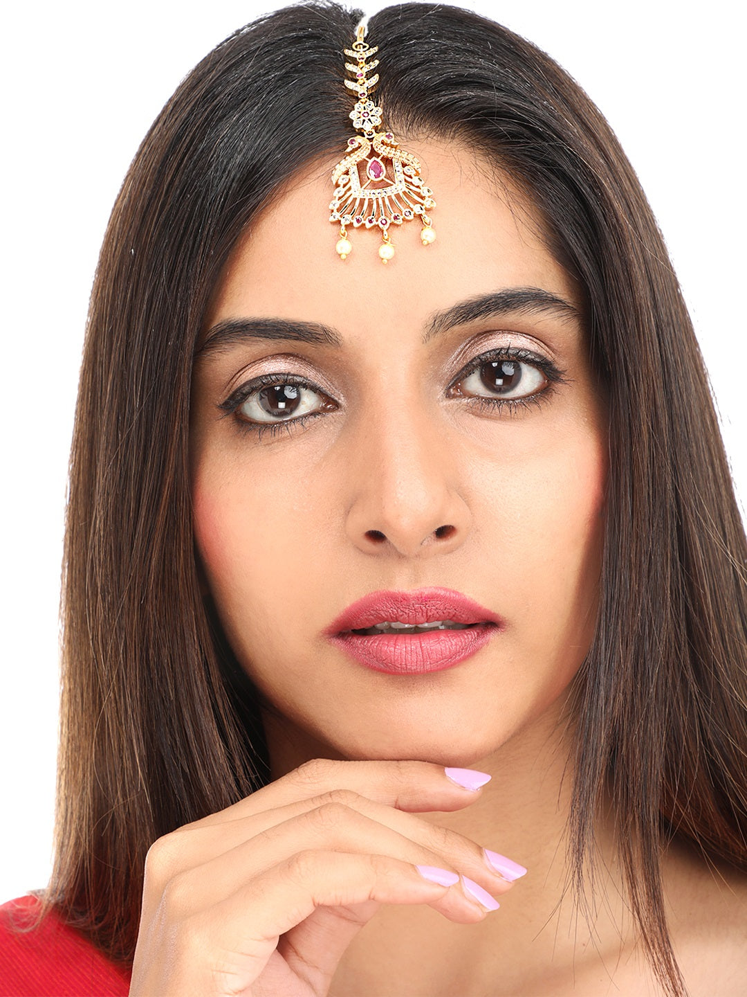 Yellow Chimes Women Gold -Toned Pink & White American Diamond Studded Handcrafted Maang Tikka