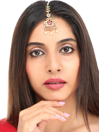 Yellow Chimes Women Gold -Toned Pink & White American Diamond Studded Handcrafted Maang Tikka